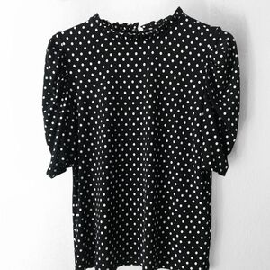 CeCe Black and White Puff Sleeve Mandarin Collar Blouse